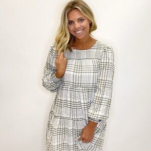 By the river, anthropology brand gingham sage green white dress